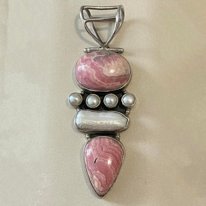 Sterling silver vintage pink rhodochrosite & Pearl pendant necklace