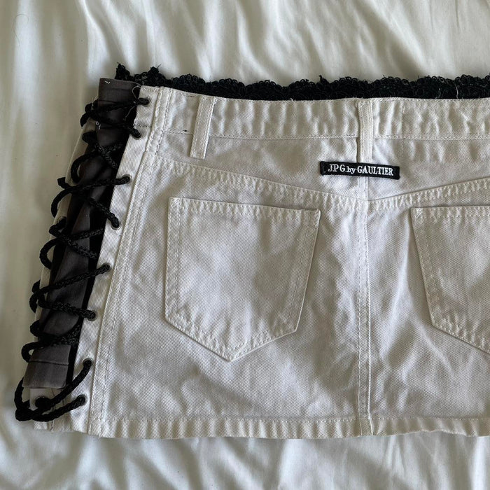 Jean Paul Gaultier white denim mini skirt with black lace