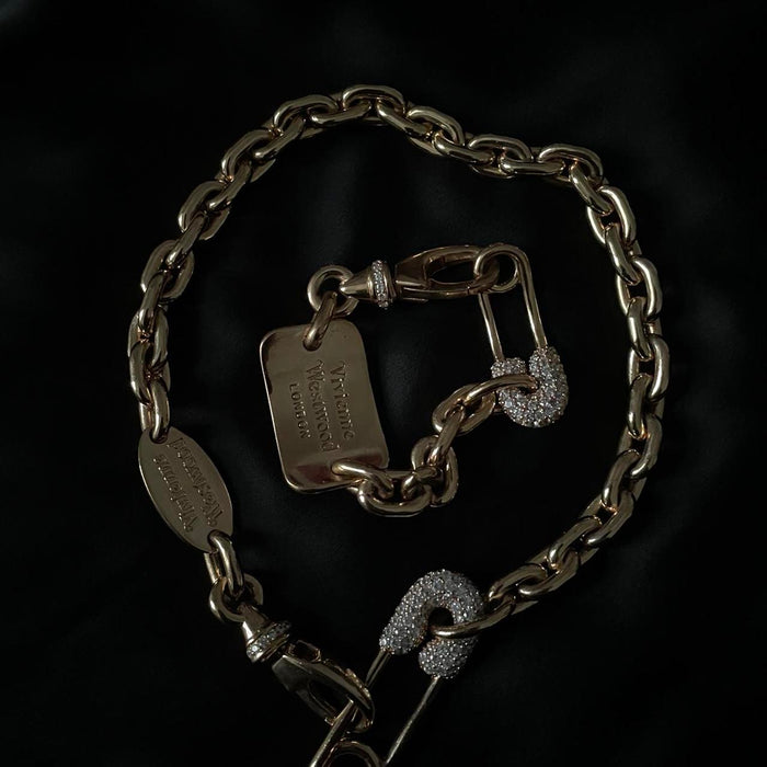 Vivienne Westwood gold large crystal safety pin orb bracelet