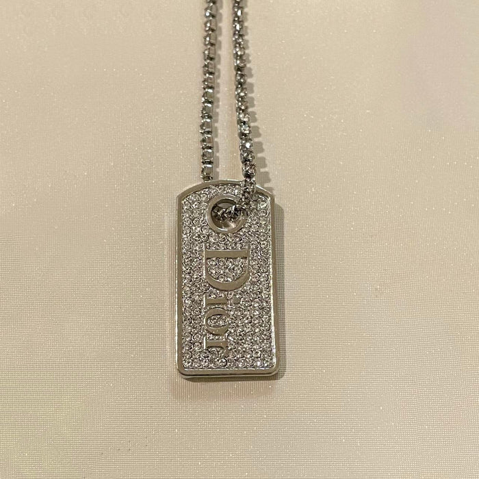 Dior silver logo monogram crystal encrusted dog tag choker necklace