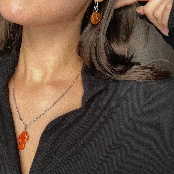 Handmade amber cross mini pendant necklace