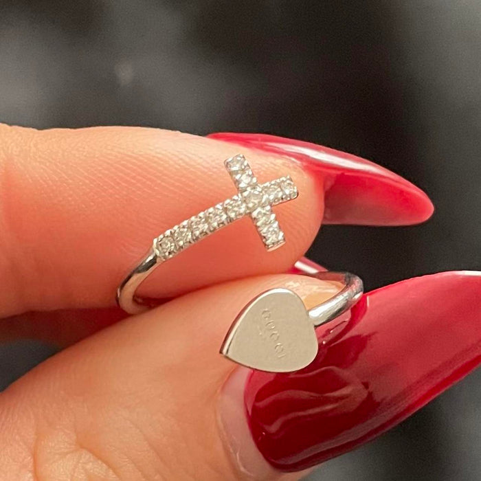 Gucci white gold diamond cross heart ring