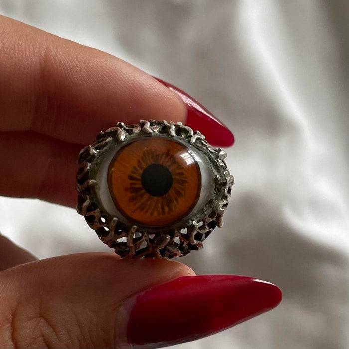 Handmade real prosthetic orange eye flame silver ring
