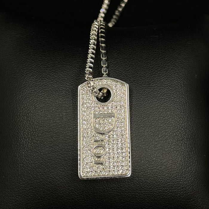 Dior silver logo monogram crystal encrusted dog tag choker necklace